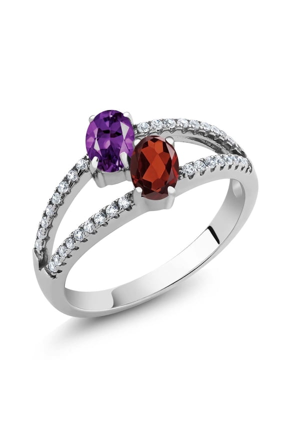 925 Sterling Silver Purple Amethyst and Red Garnet 2 Stone Ring for Women (1.26 Cttw, Gemstone Birthstone, Available in Size 5, 6, 7, 8, 9)