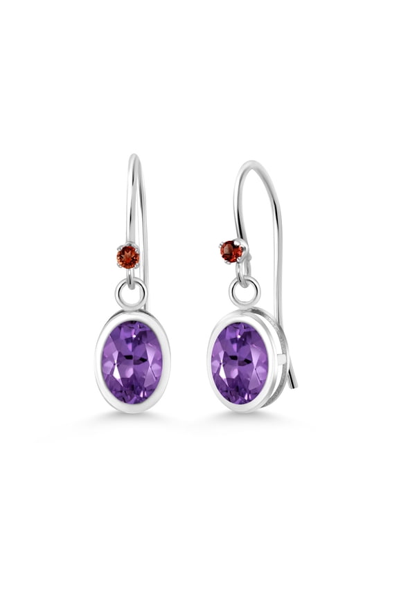 925 Sterling Silver Purple Amethyst and Red Garnet French Wire Earrings for Women (1.53 Cttw, Gemstone February Birthstone, Oval 7X5MM, Round 1.25MM)