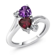 GEM STONE KING 925 Sterling Silver Purple Amethyst Red Rhodolite Garnet and White Diamond Ring for Women (1.40 Cttw, Heart Shape 6MM, Gemstone February Birthstone, Available in Size 5, 6, 7, 8, 9)