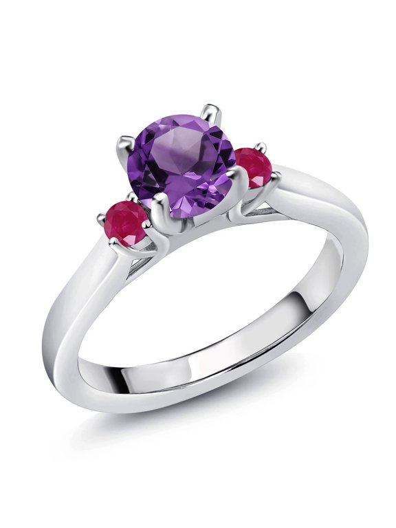 925 Sterling Silver Purple Amethyst and Red Ruby 3-Stone Engagement Ring for Women (0.99 Cttw, Round 6MM, Gemstone February Birthstone, Size 6)