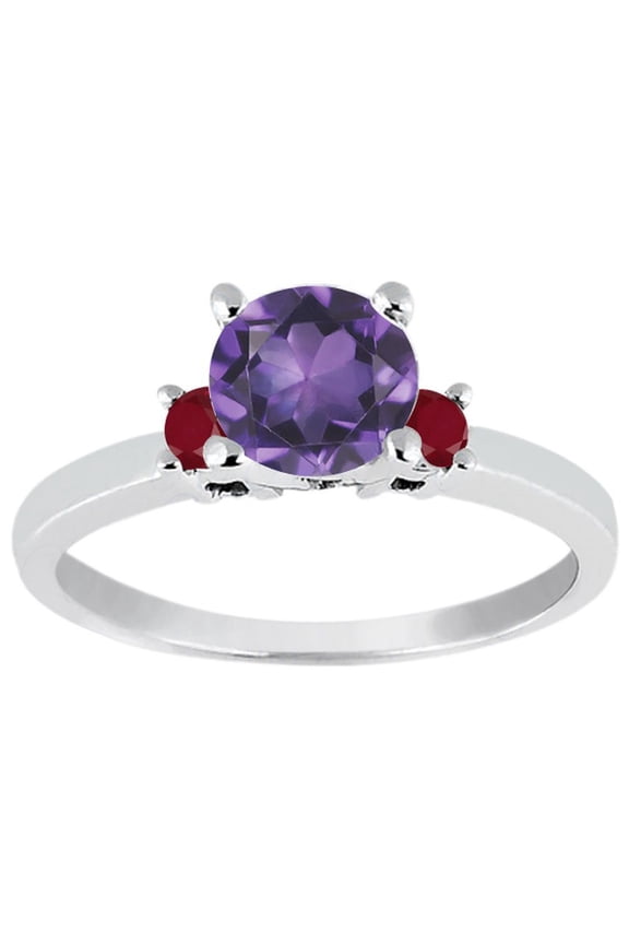 925 Sterling Silver Purple Amethyst and Red Ruby 3-Stone Engagement Ring for Women (0.99 Cttw, Round 6MM, Gemstone February Birthstone, Size 9)