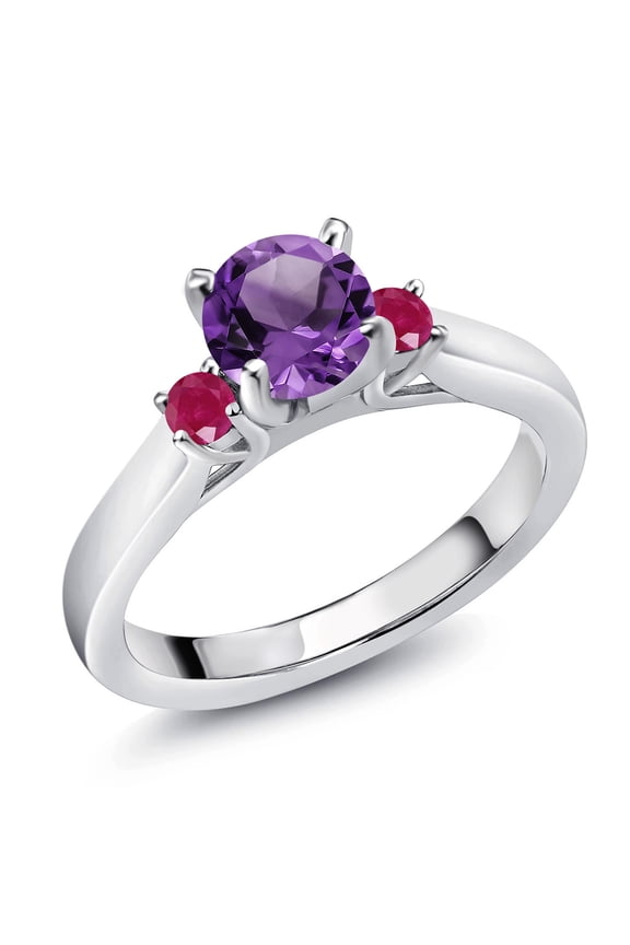 925 Sterling Silver Purple Amethyst and Red Ruby 3-Stone Engagement Ring for Women (0.99 Cttw, Round 6MM, Gemstone February Birthstone, Size 9)