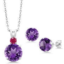 Gem Stone King 925 Sterling Silver Purple Amethyst and Red Ruby Pendant and Earrings Jewelry Set for Women (6.08 Cttw, Round 10MM, Gemstone February Birthstone, with 18 inch Silver Chain)