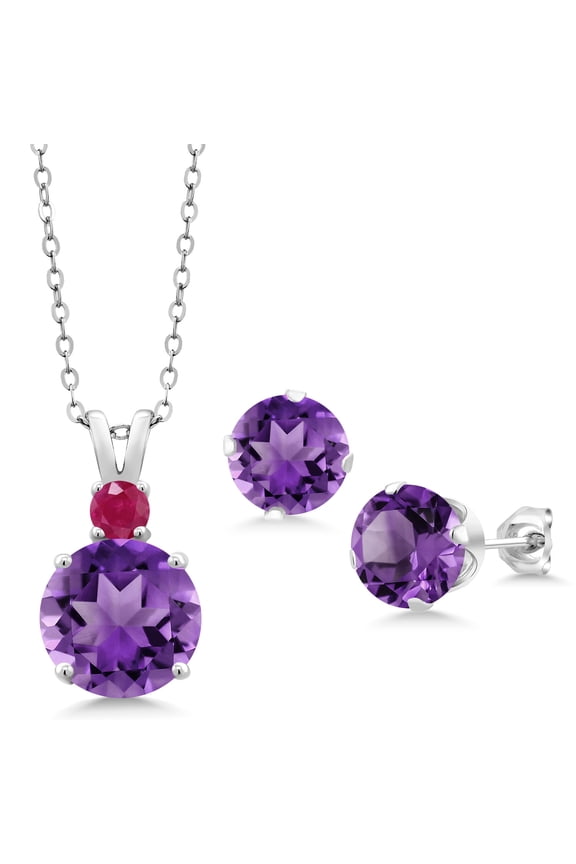 925 Sterling Silver Purple Amethyst and Red Ruby Pendant and Earrings Jewelry Set for Women (6.08 Cttw, Round 10MM, Gemstone February Birthstone, with 18 inch Silver Chain)
