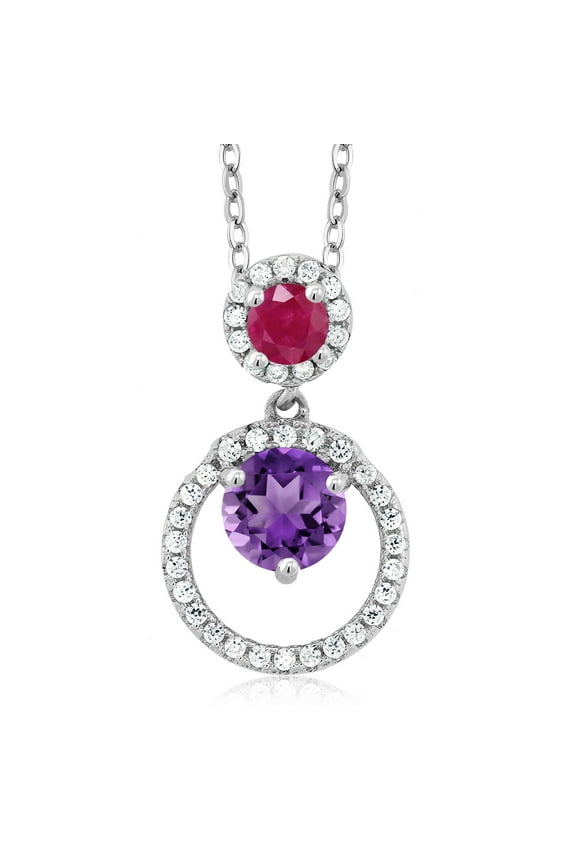 925 Sterling Silver Purple Amethyst and Red Ruby Pendant Necklace for Women (1.95 Cttw, Gemstone February Birthstone, Round 6MM and 4MM)