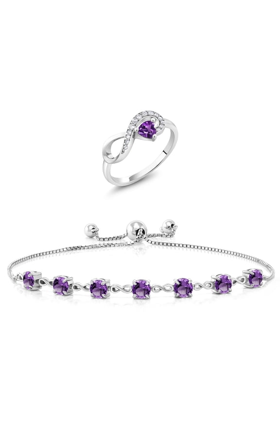 925 Sterling Silver Purple Amethyst Ring and Bracelet Jewelry Set for Women | 2.73 Cttw | Gemstone February Birthstone | Heart Shape 4MM | Round 4.5MM | Size 7
