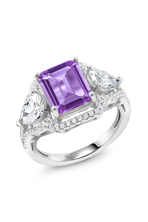 925 Sterling Silver Purple Amethyst Ring for Women (4.29 Cttw, Emerald Cut 10X8MM, Gemstone February Birthstone, Size 7)