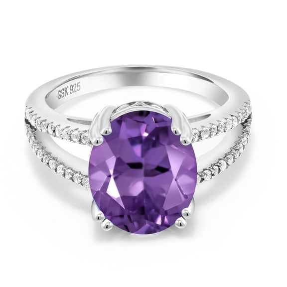 Gem Stone King 925 Sterling Silver Purple Amethyst Ring for Women (4.48 Cttw, Oval 12X10MM, Gemstone February Birthstone, Available in Size 5, 6, 7, 8, 9)
