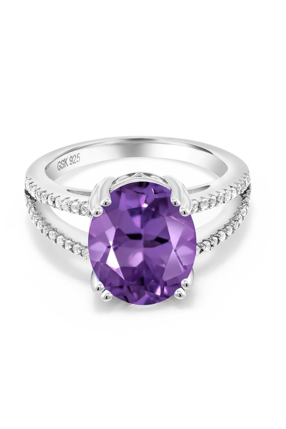 925 Sterling Silver Purple Amethyst Ring for Women (4.48 Cttw, Oval 12X10MM, Gemstone February Birthstone, Available in Size 5, 6, 7, 8, 9)