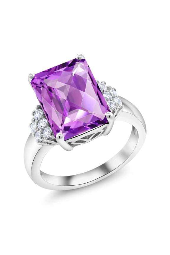 925 Sterling Silver Purple Amethyst Ring for Women (7.50 Cttw, Gemstone February Birthstone, Emerald Cut Checkerboard 14X10MM, Available in Size 5, 6, 7, 8, 9)