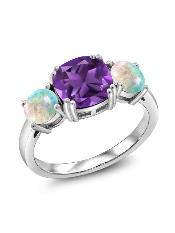 925 Sterling Silver Purple Amethyst and Simulated White Opal 3 Stone Engagement Ring for Women 3.10 Cttw, Gemstone February Birthstone, Cushion 8MM (Size 7)