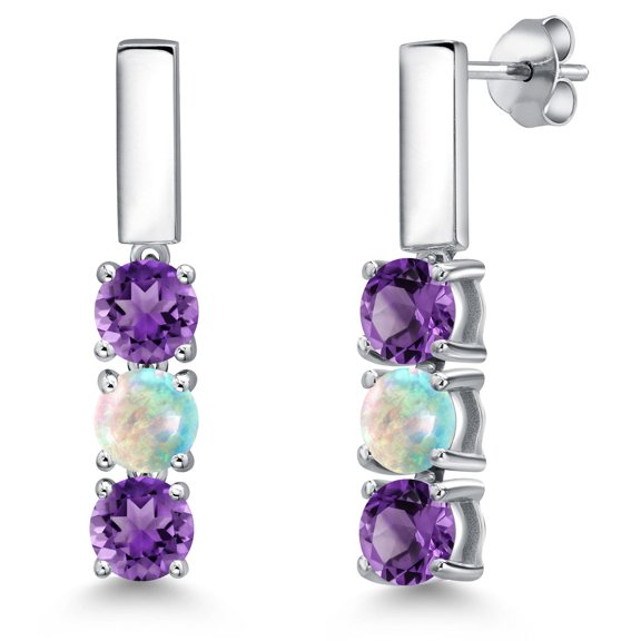 Gem Stone King 925 Sterling Silver Purple Amethyst and Simulated White Opal Drop Dangle Earrings for Women | 1.45 Cttw | Gemstone February Birthstone | Round 5MM