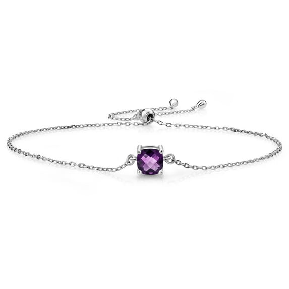 Gem Stone King 925 Sterling Silver Purple Amethyst Solitaire Bracelet for Women (0.70 Cttw, Cushion Checkerboard Cut 6MM)