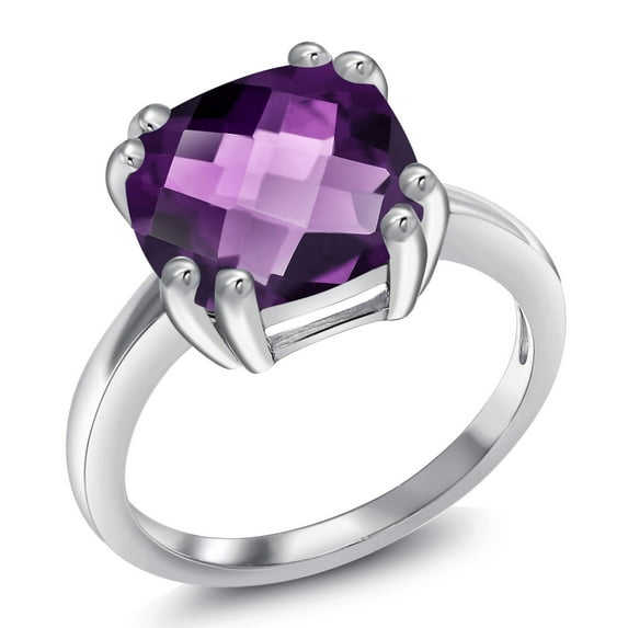 Gem Stone King 925 Sterling Silver Purple Amethyst Solitaire Ring for Women (3.45 Cttw, Cushion Checkerboard 10MM, Gemstone Birthstone, Available in Size 5, 6, 7, 8, 9)
