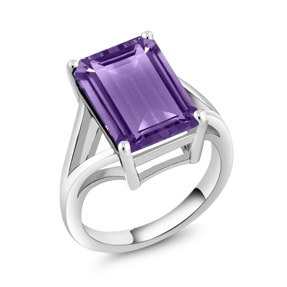 Gem Stone King 925 Sterling Silver Purple Amethyst Solitaire Ring for Women (7.00 Cttw, Emerald Cut 14X10MM, Gemstone Birthstone, Available in Size 5, 6, 7, 8, 9)