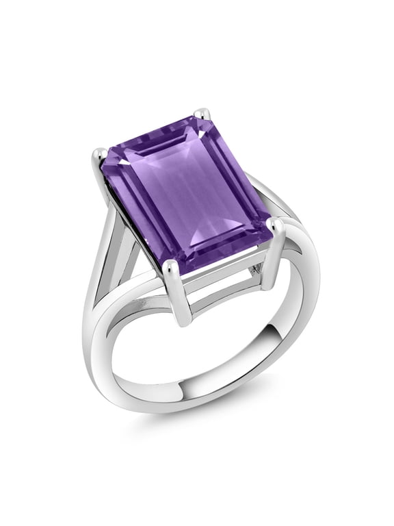 925 Sterling Silver Purple Amethyst Solitaire Ring for Women (7.00 Cttw, Emerald Cut 14X10MM, Gemstone Birthstone, Available in Size 5, 6, 7, 8, 9)