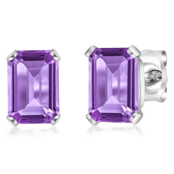 Gem Stone King 925 Sterling Silver Purple Amethyst Stud Earrings for Women Men (1.04 Cttw, Gemstone Birthstone, Emerald Cut 6X4MM)