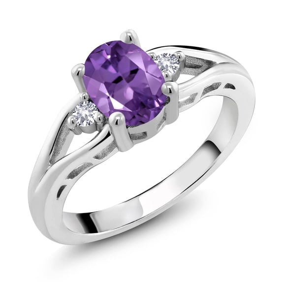 Gem Stone King 925 Sterling Silver Purple Amethyst and White Created Sapphire 3 Stone Engagement Ring for Women | 1.08 Cttw | Oval 8X6MM | Round 2MM | Gemstone February Birthstone | Size 5