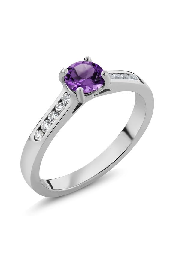 925 Sterling Silver Purple Amethyst and White Created Sapphire Engagement Ring for Women | 0.58 Cttw | Round 5MM | Gemstone February Birthstone | Size 7