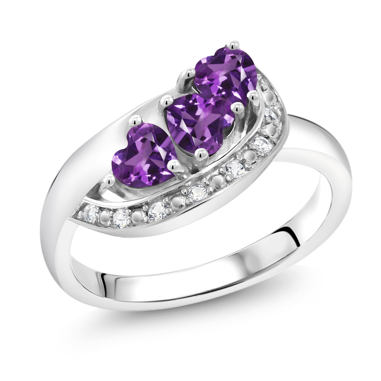 Gem Stone King 925 Sterling Silver Purple Amethyst and White Created Sapphire Engagement Ring for Women (0.74 Cttw, Gemstone February Birthstone, Heart Shape 4MM, Size 6)