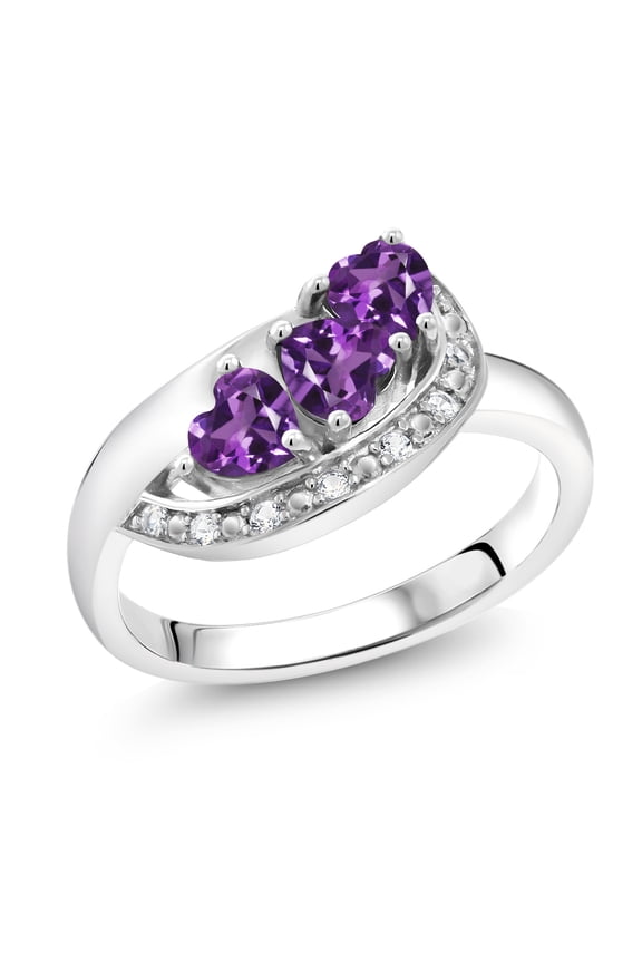 925 Sterling Silver Purple Amethyst and White Created Sapphire Engagement Ring for Women (0.74 Cttw, Gemstone February Birthstone, Heart Shape 4MM, Size 8)