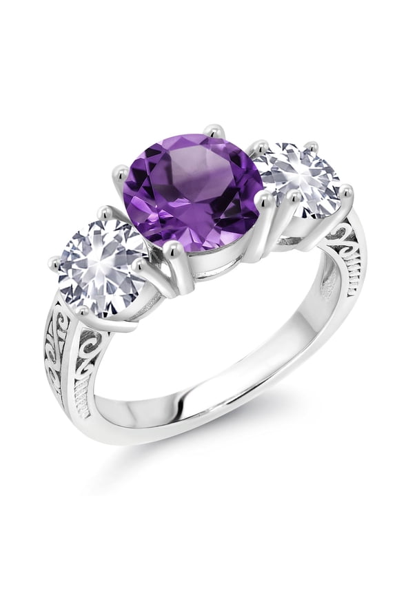 925 Sterling Silver Purple Amethyst and White Created Sapphire Engagement Ring for Women | 3.70 Cttw | Round 8MM | Gemstone February Birthstone | Size 8