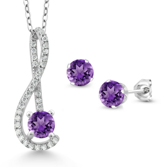 Gem Stone King 925 Sterling Silver Purple Amethyst and White Created Sapphire Pendant and Earrings Jewelry Set for Women (1.68 Cttw, Gemstone Birthstone, with 18 inch Chain)