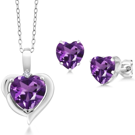 Gem Stone King 925 Sterling Silver Purple Amethyst and White Created Sapphire Pendant Necklace Earrings Set for Women (3.22 Cttw, Heart Shape 8MM and 6MM, with 18 inch Chain)