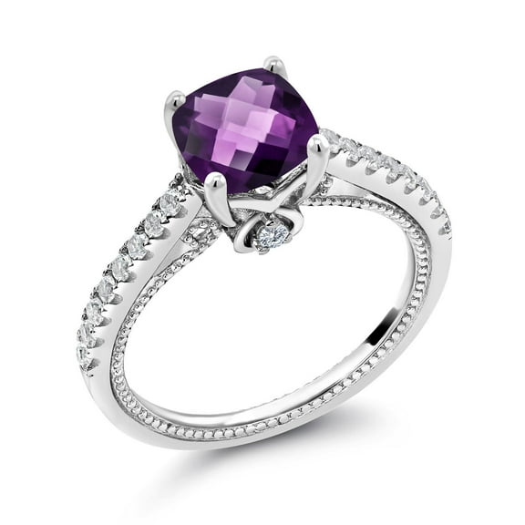 Gem Stone King 925 Sterling Silver Purple Amethyst and White Created Sapphire Ring for Women | 1.70 Cttw | Cushion Checkerboard 7MM | Available in Size 5, 6, 7, 8, 9