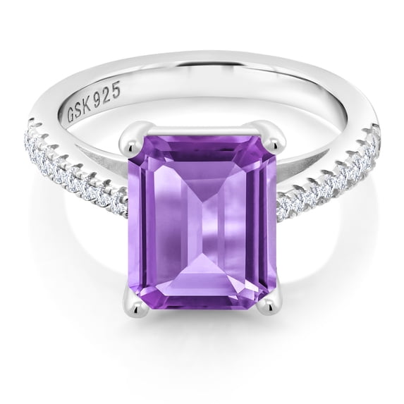 Gem Stone King 925 Sterling Silver Purple Amethyst and White Created Sapphire Ring for Women (3.76 Cttw, Emerald Cut 10X8MM, Gemstone Birthstone, Available in Size 5, 6, 7, 8, 9)