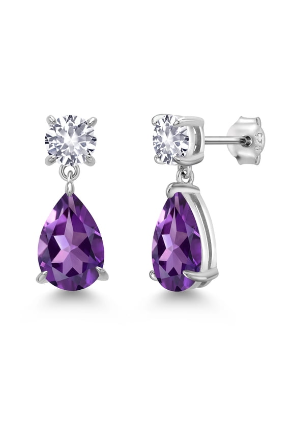 925 Sterling Silver Purple Amethyst and White Created Sapphire Teardrop Dangle Drop Earrings for Women (7.30 Cttw, Gemstone Birthstone, Pear Shape 12x8MM, Round 6MM)