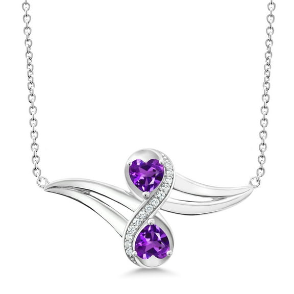 Gem Stone King 925 Sterling Silver Purple Amethyst and White Created Sapphire Two Heart Infinity Pendant Necklace for Women (0.97 Cttw, Heart 5MM, with 18 inch Silver Chain)