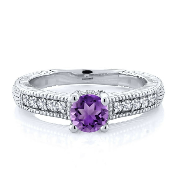 Gem Stone King 925 Sterling Silver Purple Amethyst and White Created Sapphire Women's Solitaire Ring with Accent Stones (0.63 Cttw, Round Shape 5MM, Size 7)