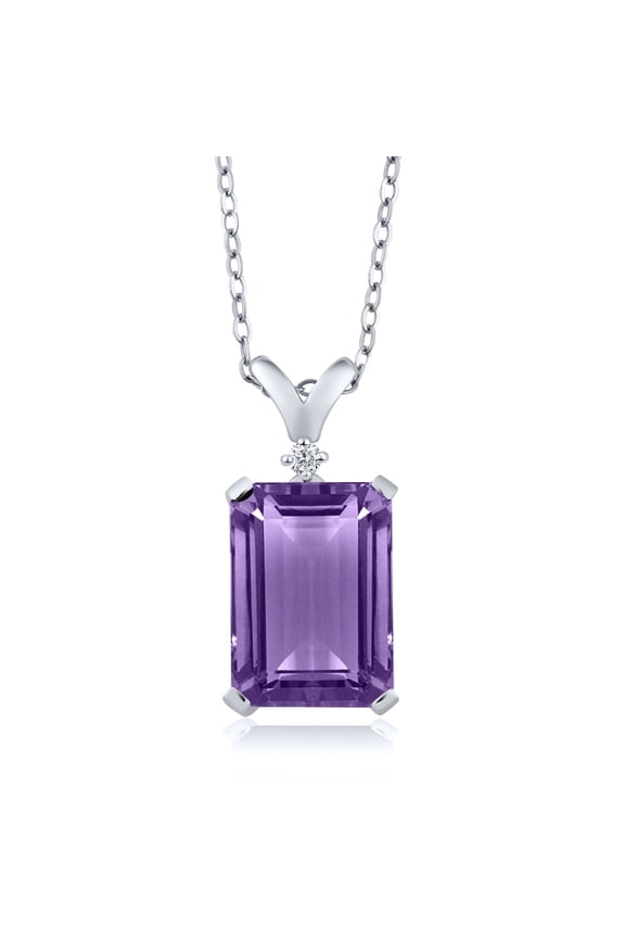 925 Sterling Silver Purple Amethyst and White Diamond Pendant Necklace for Women (6.27 Cttw, Gemstone Birthstone, Emerald Cut 14X10MM, With 18 inch Silver Chain)