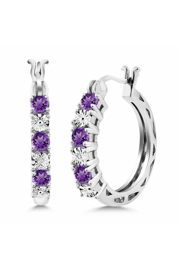 925 Sterling Silver Purple Amethyst and White Lab Grown Diamond Accent Hoop Earrings for Women | 0.61 Cttw | Gemstone Birthstone | 22MM = 0.85 inches Diameter