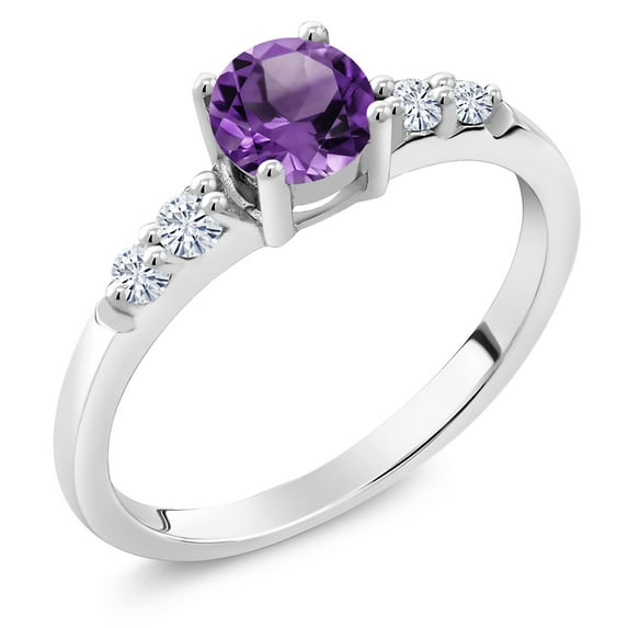 Gem Stone King 925 Sterling Silver Purple Amethyst and White Lab Grown Diamond Engagement Ring for Women (0.63 Cttw, Round 5MM, Gemstone February Birthstone, Size 9)