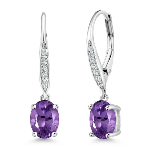 Gem Stone King 925 Sterling Silver Purple Amethyst and White Lab Grown Diamond Leverback Dangle Drop Earrings for Women (2.40 Cttw, Gemstone February Birthstone, Oval 8X6MM)