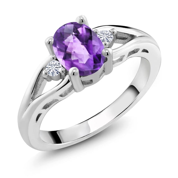 Gem Stone King 925 Sterling Silver Purple Amethyst and White Moissanite 3 Stone Engagement Ring for Women | 1.28 Cttw | Oval Checkerboard 8X6MM | Round 2MM | Gemstone February Birthstone | Size 5