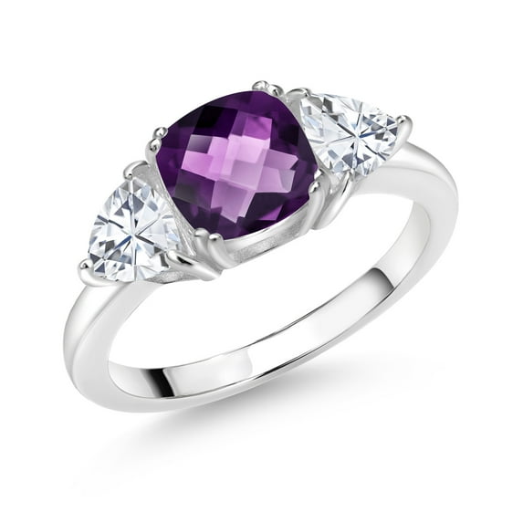 Gem Stone King 925 Sterling Silver Purple Amethyst and White Moissanite 3 Stone Engagement Ring for Women (2.34 Cttw, Gemstone February Birthstone, Available in Size 5, 6, 7, 8, 9)