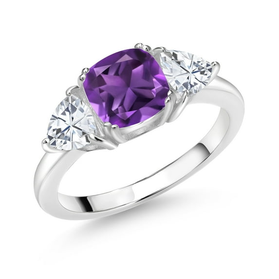 Gem Stone King 925 Sterling Silver Purple Amethyst and White Moissanite 3 Stone Engagement Ring for Women (2.34 Cttw, Gemstone February Birthstone, Available in Size 5, 6, 7, 8, 9)