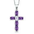 thumbnail image 1 of Gem Stone King 925 Sterling Silver Purple Amethyst and White Moissanite Cross Pendant Necklace for Women | 2.75 Cttw | Gemstone February Birthstone | Oval 6X4MM | With 18 inch Chain, 1 of 6