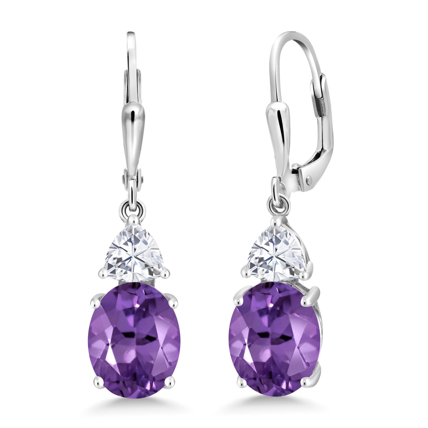 Gem Stone King 925 Sterling Silver Purple Amethyst and White Moissanite Dangle Earrings for Women (5.54 Cttw, Gemstone February Birthstone, Oval 10X8MM, Trillion 5MM)