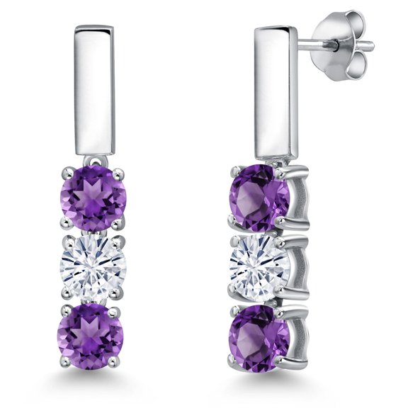 Gem Stone King 925 Sterling Silver Purple Amethyst and White Moissanite Drop Dangle Earrings for Women | 1.45 Cttw | Gemstone February Birthstone | Round 5MM