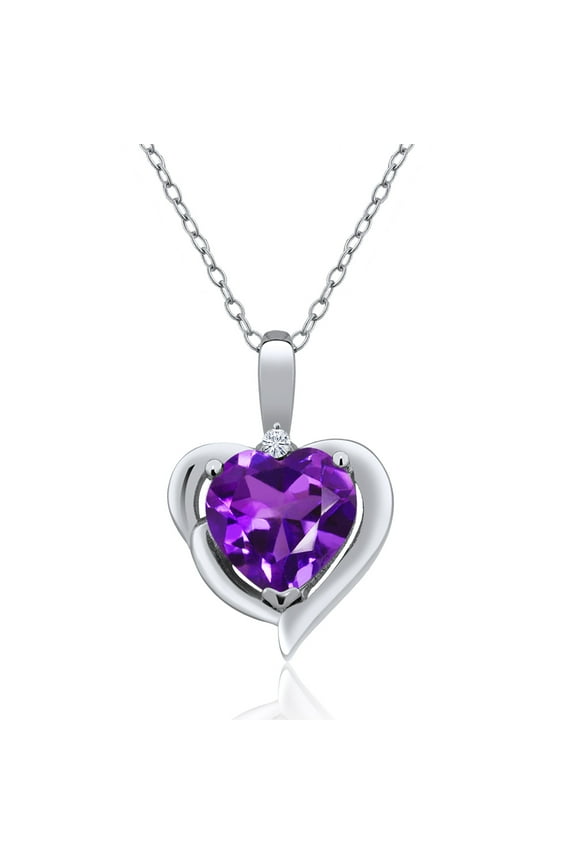 925 Sterling Silver Purple Amethyst and White Moissanite Heart Shape Pendant Necklace for Women (1.62 Cttw, Heart 8MM, Gemstone February Birthstone, with 18 inch Chain)