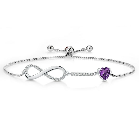 Gem Stone King 925 Sterling Silver Purple Amethyst White Moissanite Infinity Tennis Bracelet for Women (0.93 Cttw, Gemstone Birthstone, Heart Shape 6MM)