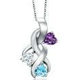thumbnail image 1 of Gem Stone King 925 Sterling Silver Purple Amethyst and White Moissanite and Swiss Blue Topaz Pendant for Women (1.39 Cttw, Gemstone February Birthstone, Heart Shape 5MM, 18 inch Chain), 1 of 6
