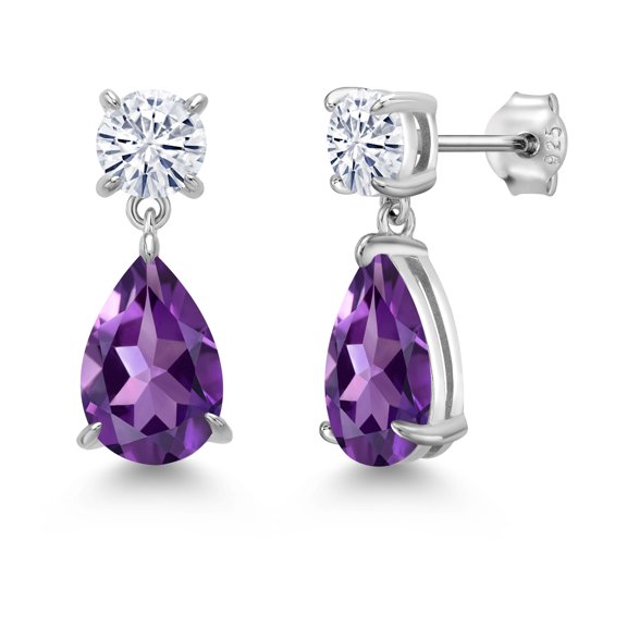 Gem Stone King 6.90 Cttw Purple Amethyst and White Moissanite Teardrop Dangle Drop Earrings for Women | 925 Sterling Silver | Gemstone Birthstone | Pear Shape 12X8MM | Round 6MM