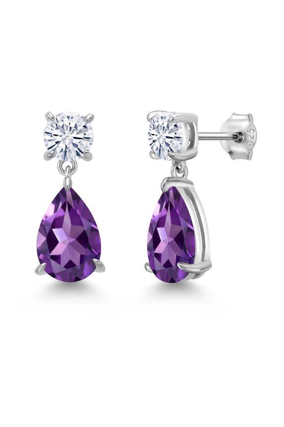 925 Sterling Silver Purple Amethyst and White Moissanite Teardrop Dangle Drop Earrings for Women (6.90 Cttw, Gemstone Birthstone, Pear Shape 12x8MM, Round 6MM)