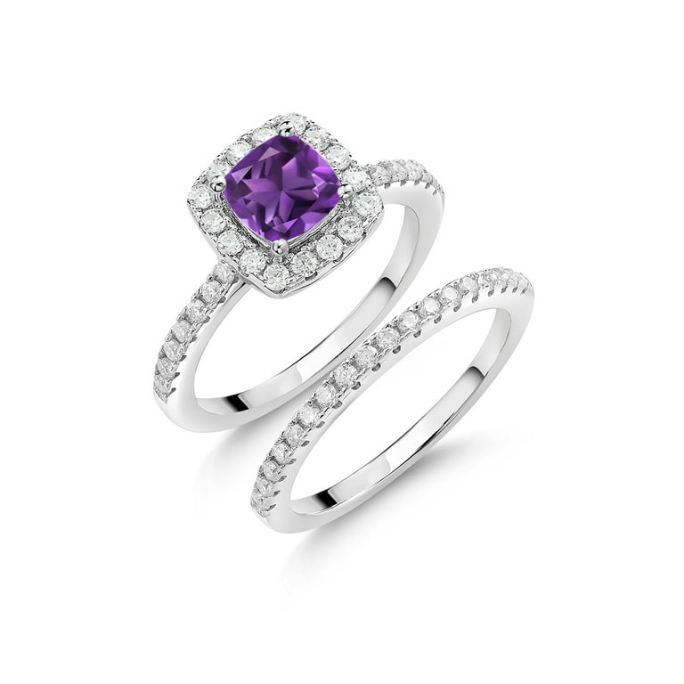 Gem Stone King 925 Sterling Silver Purple Amethyst and White Moissanite  Wedding Engagement Ring Band Bridal Set For Women (1.49 Cttw, Cushion 6MM, 