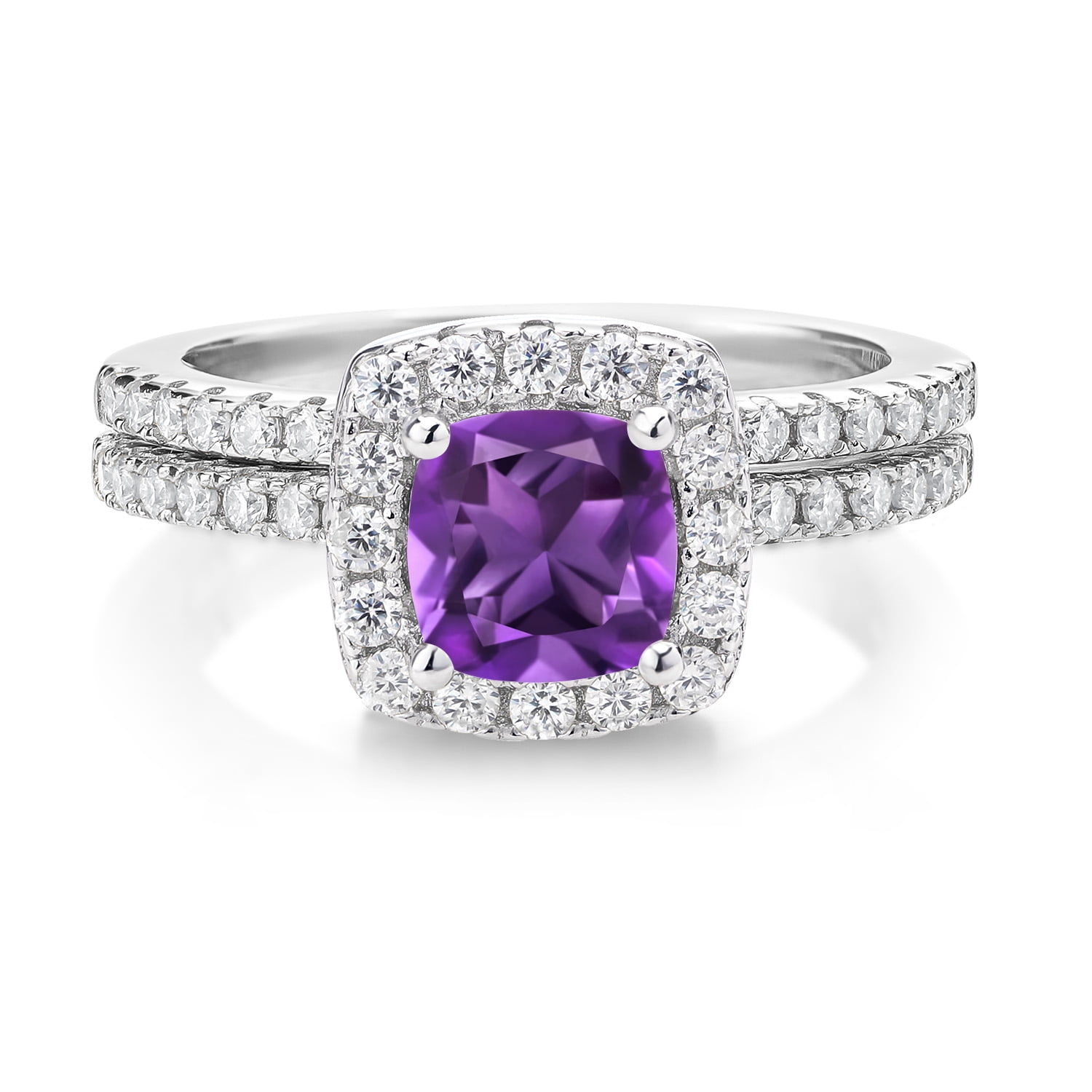 Gem Stone King 925 Sterling Silver Purple Amethyst and White Moissanite Wedding Engagement Ring Band Bridal Set for Women (1.49 Cttw, Cushion 6MM, Available in Size 5, 6, 7, 8, 9)